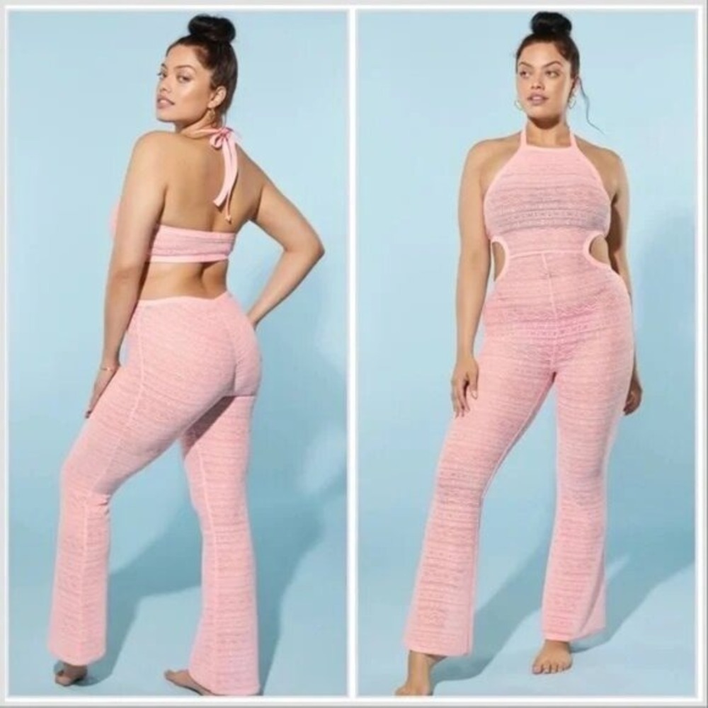 Yitty Lizzo Knit Slip Flare Leg Pink Blush Crochet Festival Jumpsuit Size XL